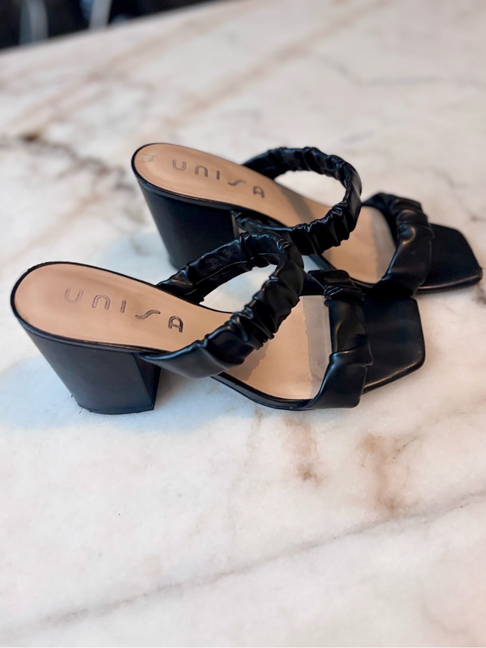 Unisa Black Ruched Double-Strap Block Heel Sandals